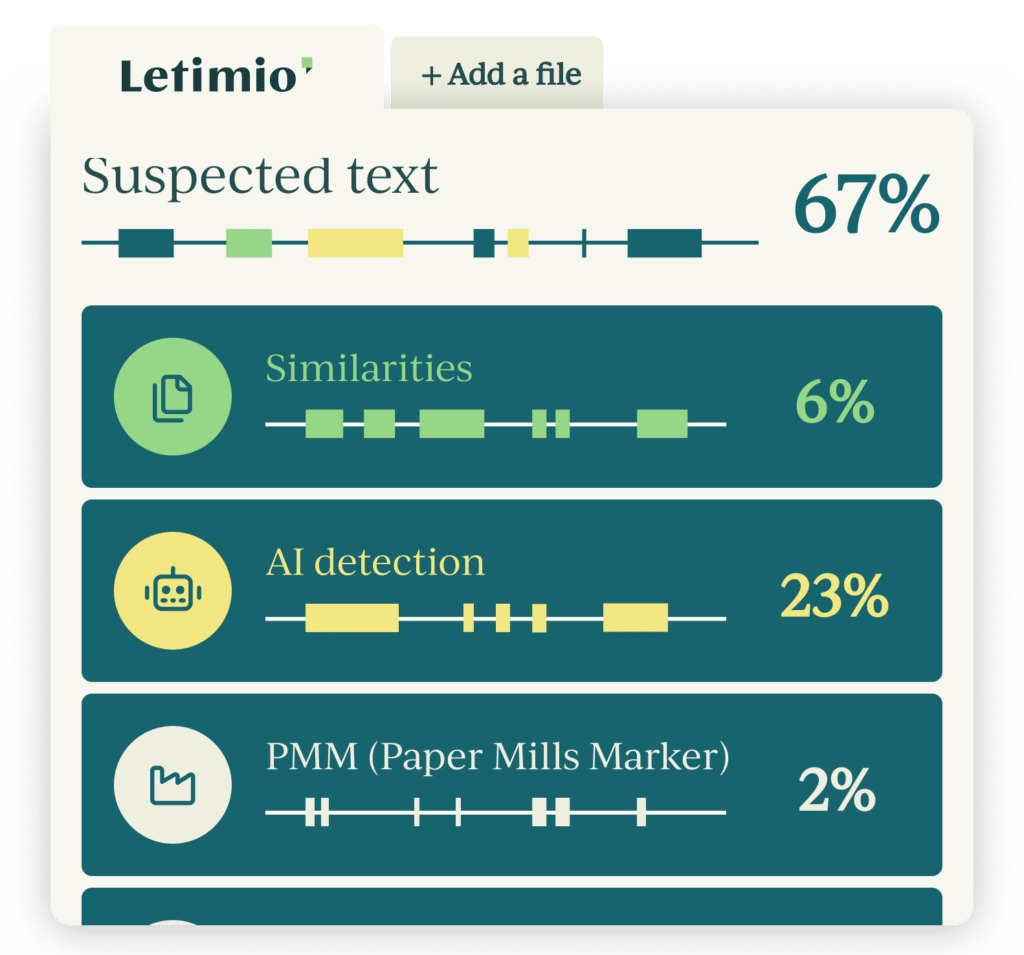 Interface Letimio affichant l’analyse d’un texte avec des indicateurs de similitudes, de détection IA et de Paper Mills Marker.