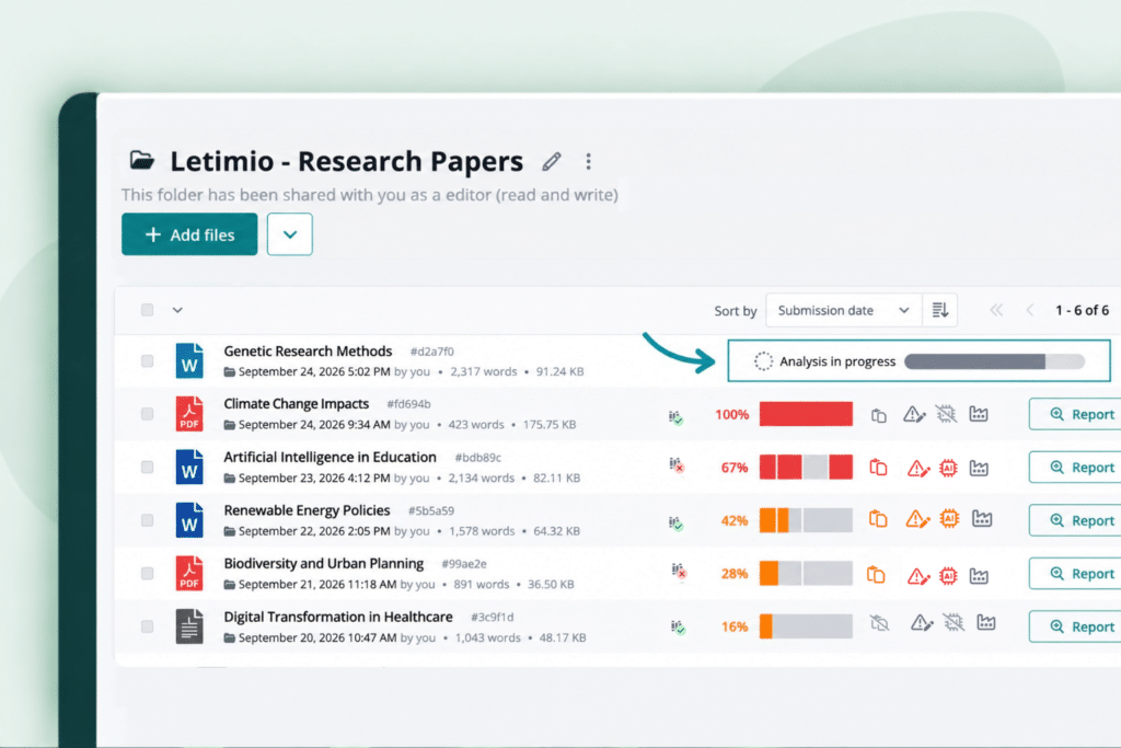 Letimio research document folder showing five completed analyses and one analysis in progress, with an arrow and teal box highlighting the “Genetic Research Methods” analysis.